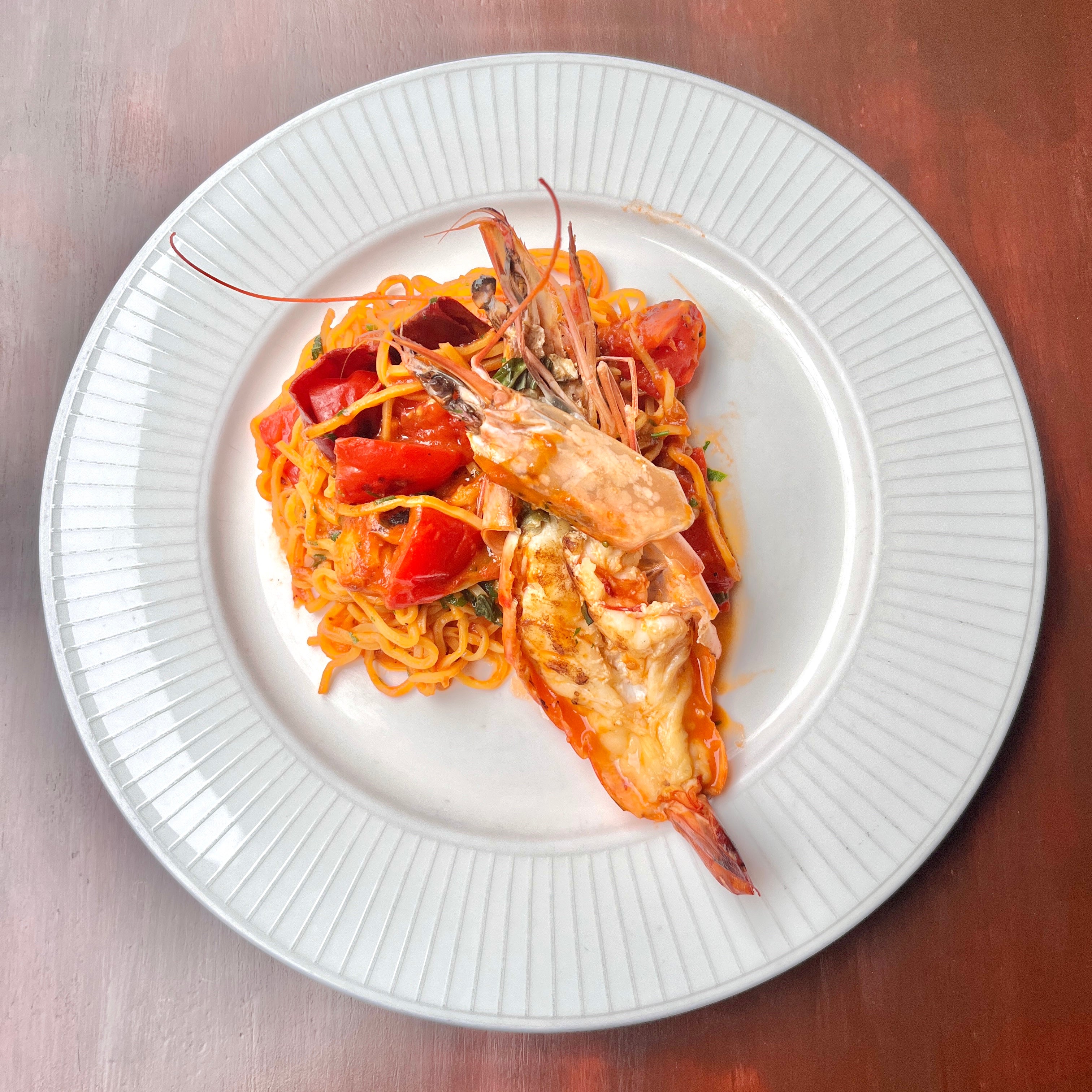 Homemade Tagliolini with King Prawn in Tomato Sauce