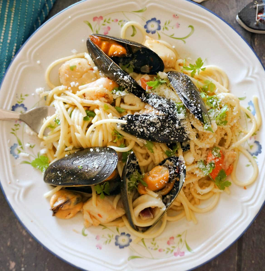 Homemade Tagliolini with Mix Seafood in White Wine Sauce