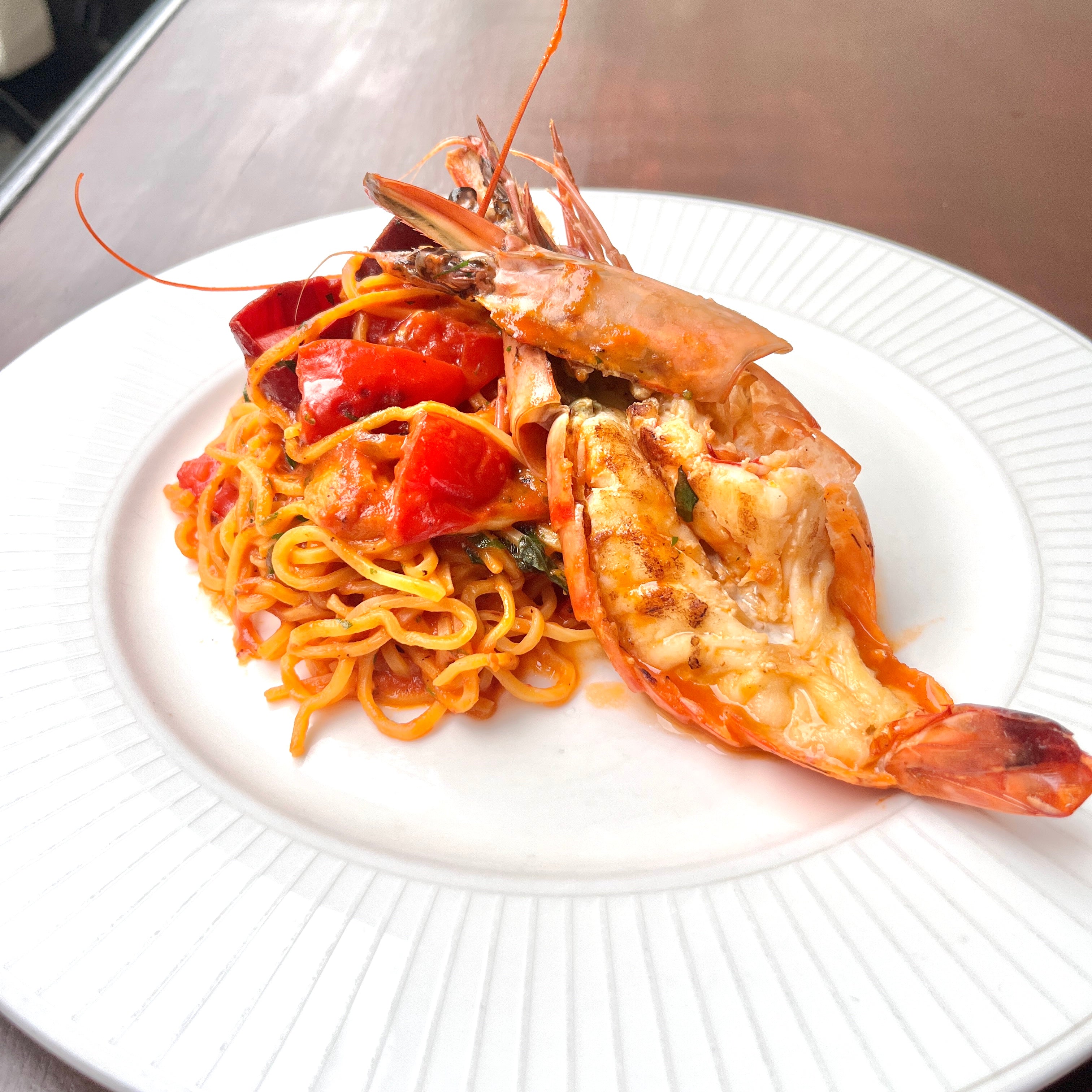 Homemade Tagliolini with King Prawn in Tomato Sauce