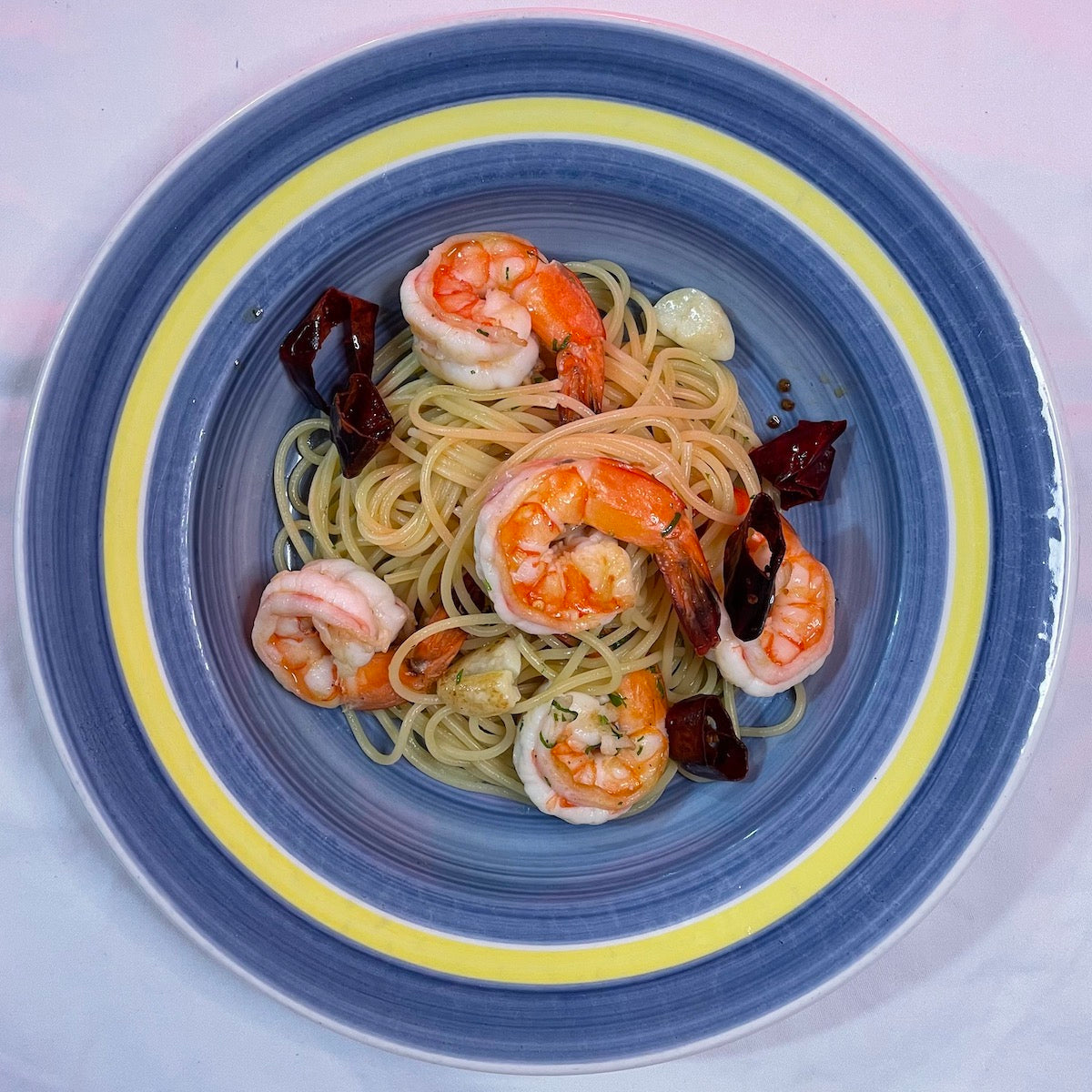 Homemade Tagliolini Aglio Olio with Prawns